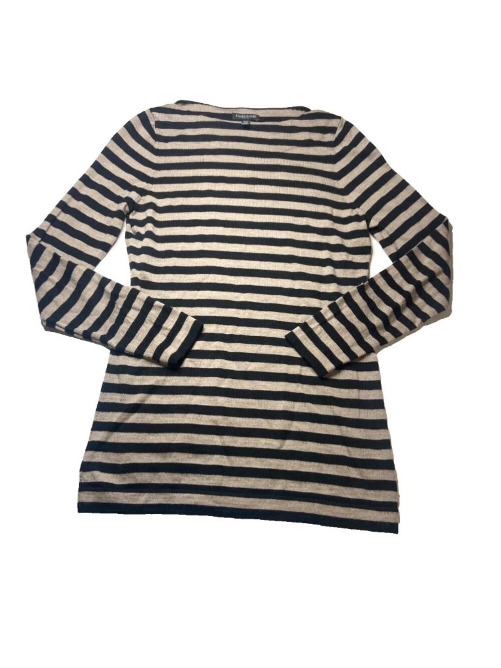 Eileen Fisher 100% Merino Italian Wool Tan Black Pullover Sweater PM Striped